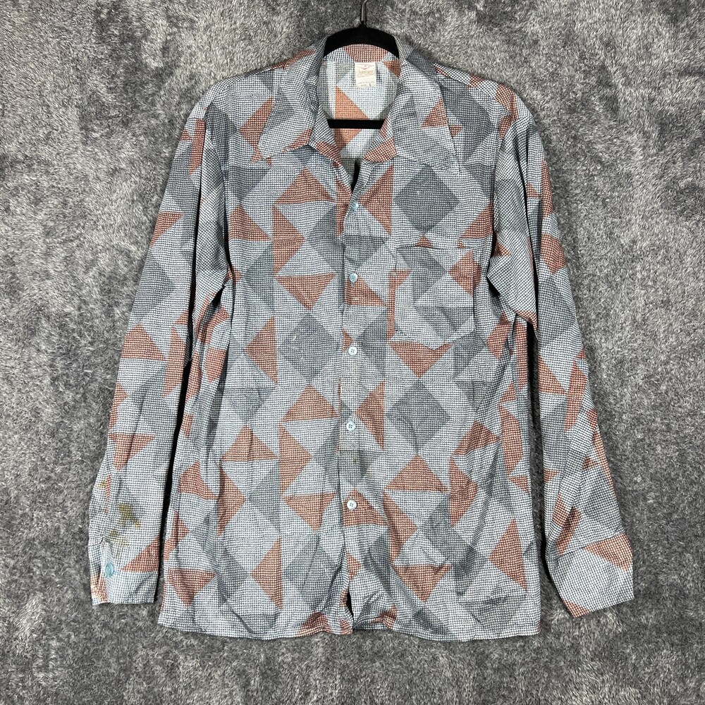 Vintage Jantzen Shirt Mens L Gray Geometric Long Sleeve Button Up Made USA